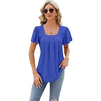 Women Ruffled Cutout Square Neck Top Jacquard Slim-Fit Tailored Hem T-Shirt Breathable Short Sleeve