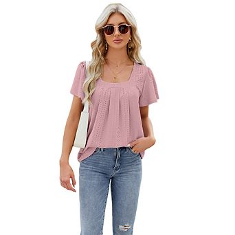 Women Ruffled Cutout Square Neck Top Jacquard Slim-Fit Tailored Hem T-Shirt Breathable Short Sleeve