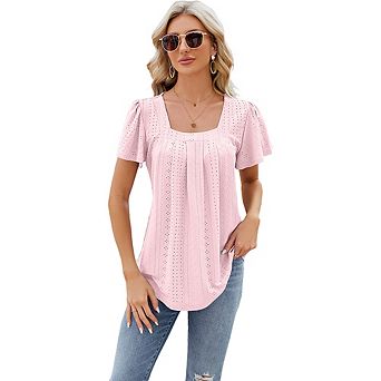 Women Ruffled Cutout Square Neck Top Jacquard Slim-Fit Tailored Hem T-Shirt Breathable Short Sleeve