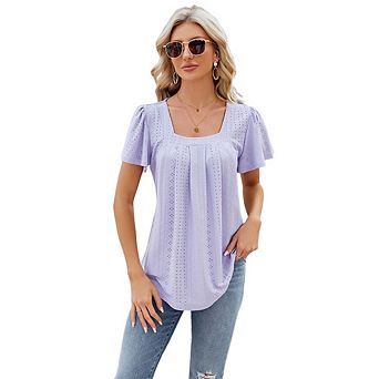 Women Ruffled Cutout Square Neck Top Jacquard Slim-Fit Tailored Hem T-Shirt Breathable Short Sleeve