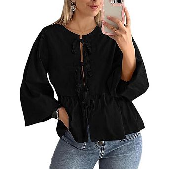 Women Summer Front Tie Ruffled Shirt Vertical Bowknot Design Top Long Sleeve Round Neck Trendy Tops