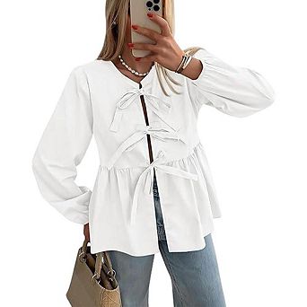 Women Summer Front Tie Ruffled Shirt Vertical Bowknot Design Top Long Sleeve Round Neck Trendy Tops