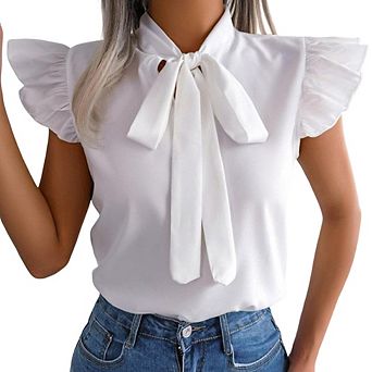 Women's Summer Minimalist Bow Tie Neck Short Sleeve Slim Loose Fit Fashion Casual Blouse Top