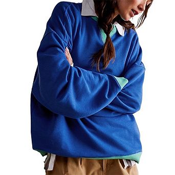 Women's Casual Ribbed Long Sleeve Sweatshirt Collared Triangle Round Neck Loose Drop-Shoulder Top