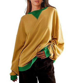 Women's Casual Ribbed Long Sleeve Sweatshirt Collared Triangle Round Neck Loose Drop-Shoulder Top