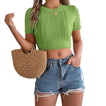 Women Fashion Twist-Knit Short Sleeve Top Slim-Fit Cropped Knitwear Versatile Crop Tops Sweater