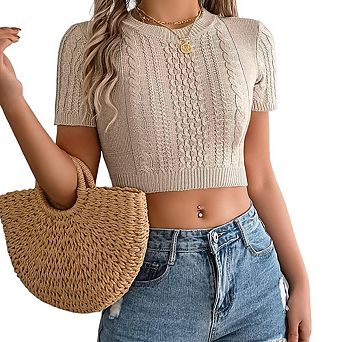 Women Fashion Twist-Knit Short Sleeve Top Slim-Fit Cropped Knitwear Versatile Crop Tops Sweater