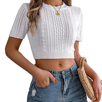 Women Fashion Twist-Knit Short Sleeve Top Slim-Fit Cropped Knitwear Versatile Crop Tops Sweater