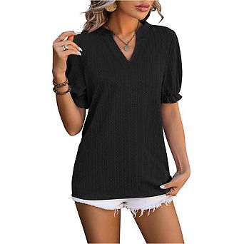 Women Summer Fashion Wheat Ear Texture T-Shirt V-Neck Puff Sleeve Short Sleeve Top Casual Loose Tops