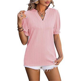 Women Summer Fashion Wheat Ear Texture T-Shirt V-Neck Puff Sleeve Short Sleeve Top Casual Loose Tops