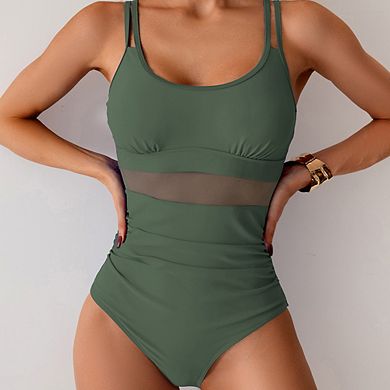Women's Double Shoulder Strap One Piece Bikini Sheer Mesh Trimmed Swimsuit Ruched Side One Piece