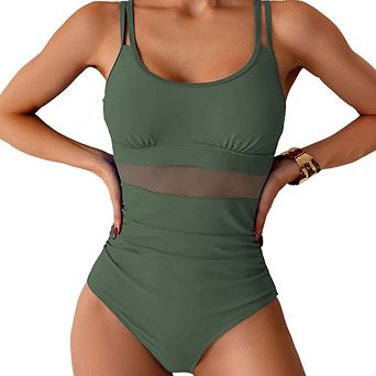 Women's Double Shoulder Strap One Piece Bikini Sheer Mesh Trimmed Swimsuit Ruched Side One Piece