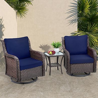 Swivel Wicker Glider Patio Chairs w/Table Set, 3 Pieces Outdoor Bistro Set w/Thick Cushions