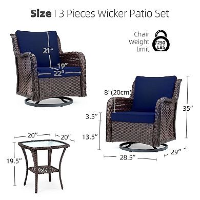 Swivel Wicker Glider Patio Chairs w/Table Set, 3 Pieces Outdoor Bistro Set w/Thick Cushions
