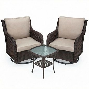 Swivel Wicker Glider Patio Chairs w/Table Set, 3 pc Outdoor Bistro Set w/Thick Cushions