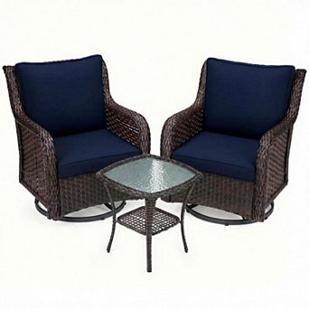 Swivel Wicker Glider Patio Chairs w/Table Set, 3 pc Outdoor Bistro Set w/Thick Cushions