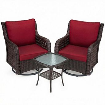 Swivel Wicker Glider Patio Chairs w/Table Set, 3 pc Outdoor Bistro Set w/Thick Cushions