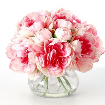Artificial Peonies with Vase, Silk Peony Flower Arrangement w/Faux Water, Fake Peonies Bouquet