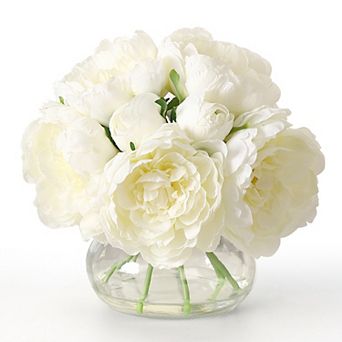 Artificial Peonies with Vase, Silk Peony Flower Arrangement w/Faux Water, Fake Peonies Bouquet