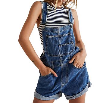 Women's Summer Loose Denim Overalls Short Multi-Pocket Cross Back Design Trendy Casual Strappy Short