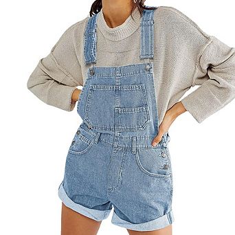 Women's Summer Loose Denim Overalls Short Multi-Pocket Cross Back Design Trendy Casual Strappy Short