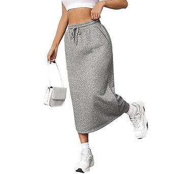 Women's Casual Athletic Skirt Loose-fitting Elastic Waist Tie Skirt Stylish Back Slit Midi Skirt