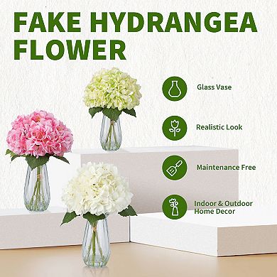 Artificial Hydrangea Arrangement in Glass Vase - Fade-Resistant Silk Flowers with Faux Water