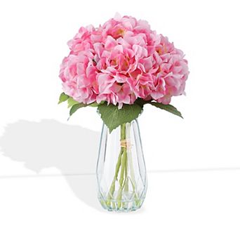 Artificial Hydrangea Arrangement in Glass Vase - Fade-Resistant Silk Flowers with Faux Water
