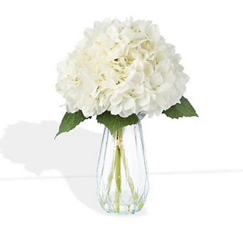 Artificial Hydrangea Arrangement in Glass Vase - Fade-Resistant Silk Flowers with Faux Water