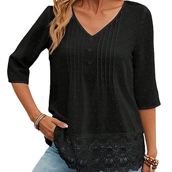 Women French Long Sleeve Blouse Versatile V-Neck Button Front Top with Hollow Embroidery Lace Hem