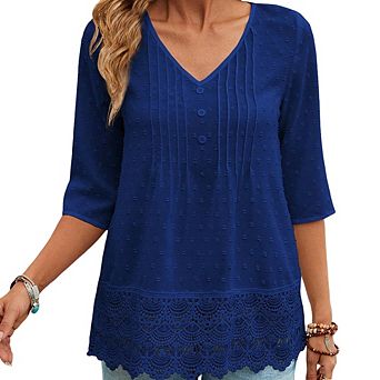 Women French Long Sleeve Blouse Versatile V-Neck Button Front Top with Hollow Embroidery Lace Hem