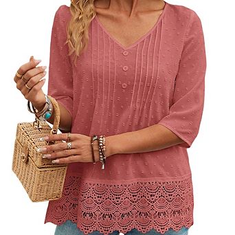 Women French Long Sleeve Blouse Versatile V-Neck Button Front Top with Hollow Embroidery Lace Hem