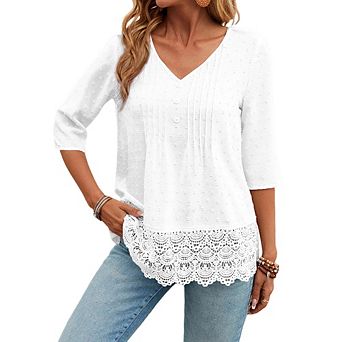 Women French Long Sleeve Blouse Versatile V-Neck Button Front Top with Hollow Embroidery Lace Hem