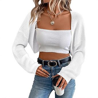 Women's Casual Minimalist Knit Cardigan Stylish Shawl Button-Free Long Sleeve Cropped Open Front Top