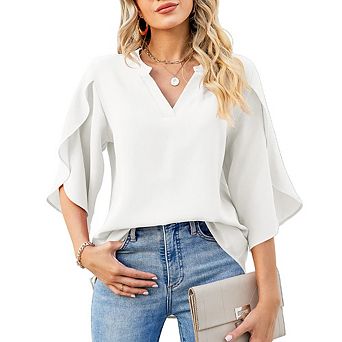 Women's Casual Petal Sleeve Chiffon Top Loose V-Neck Short Sleeve Top Fashion Commute Blouse