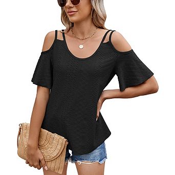 Women Summer Fashion V-Neck Cold Shoulder Short Sleeve T-Shirt Loose Hollow Out Casual Versatile Top