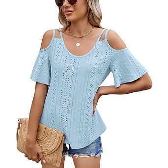 Women Summer Fashion V-Neck Cold Shoulder Short Sleeve T-Shirt Loose Hollow Out Casual Versatile Top
