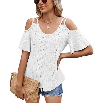 Women Summer Fashion V-Neck Cold Shoulder Short Sleeve T-Shirt Loose Hollow Out Casual Versatile Top