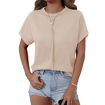 Women's Casual Waffle Knit Crew Neck T-Shirt Short Sleeve Versatile Daily Wear Fashion Top