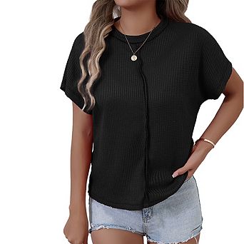 Women's Casual Waffle Knit Crew Neck T-Shirt Short Sleeve Versatile Daily Wear Fashion Top