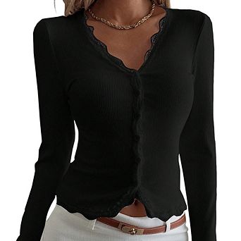Women's Elegant V-Neck Lace Patchwork Ribbed Top Slim Fit Cropped Casual Long Sleeve Cardigan Tops