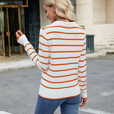 Women's Casual Striped Knit Sweater V-Neck Lapel Collar Long Sleeve Top Versatile Slim-Fit Pullover