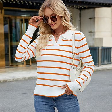 Women's Casual Striped Knit Sweater V-Neck Lapel Collar Long Sleeve Top Versatile Slim-Fit Pullover
