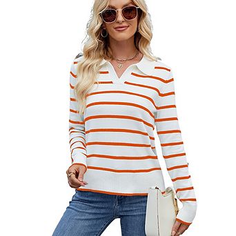 Women's Casual Striped Knit Sweater V-Neck Lapel Collar Long Sleeve Top Versatile Slim-Fit Pullover