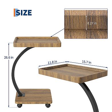Side Table w/Rolling Wheels, Sofa Couch Arm Table, Tv Tray, Small Bed Stand, C Shaped End Tables
