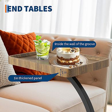 Side Table w/Rolling Wheels, Sofa Couch Arm Table, Tv Tray, Small Bed Stand, C Shaped End Tables