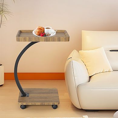 Side Table w/Rolling Wheels, Sofa Couch Arm Table, Tv Tray, Small Bed Stand, C Shaped End Tables