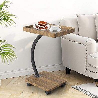 Side Table w/Rolling Wheels, Sofa Couch Arm Table, Tv Tray, Small Bed Stand, C Shaped End Tables