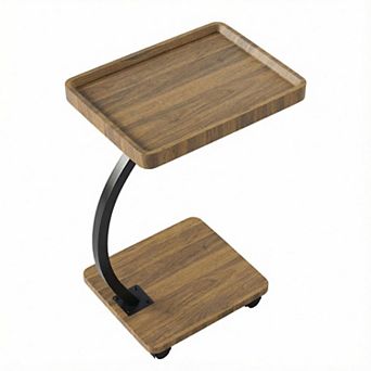 Side Table w/Rolling Wheels, Sofa Couch Arm Table, Tv Tray, Small Bed Stand, C Shaped End Tables