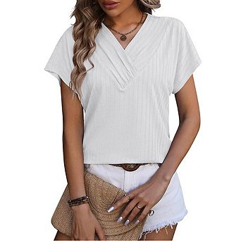 Women's Classic V-neck Chain Short Sleeve Blouse Casual Jacquard Print Tops Loose Fit Versatile Top